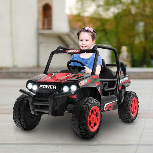 Red 12V Off-Road Electric Ride-On Truck with Realistic Horns and Engine Sounds for Kids