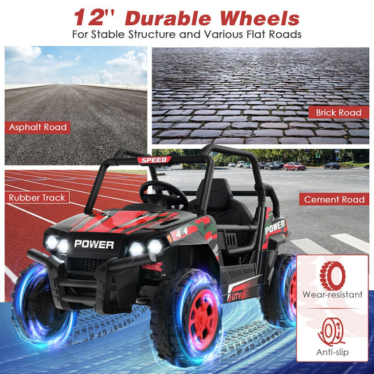 Red 12V Off-Road Electric Ride-On Truck with Realistic Horns and Engine Sounds for Kids