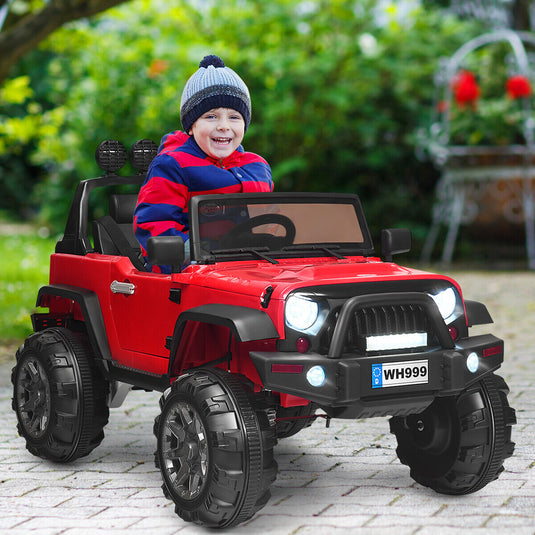 Red 12V RC Ride-On Truck with Spring Suspension, Lights, and Music for Kids