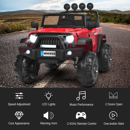 Red 12V RC Ride-On Truck with Spring Suspension, Lights, and Music for Kids