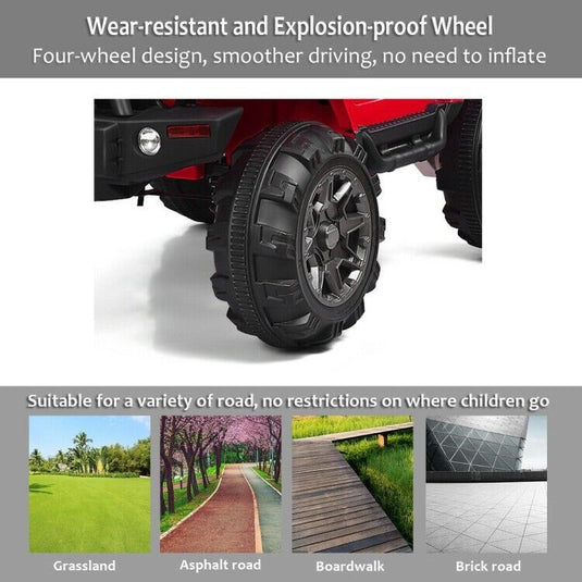 Red 12V Ride On Truck with Remote Control, MP3 Music, and LED Lights for Kids