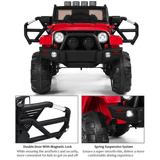 Red 12V Ride On Truck with Remote Control, MP3 Music, and LED Lights for Kids