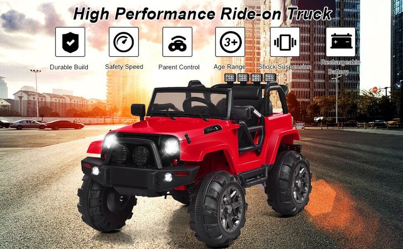 Load image into Gallery viewer, Red 12V Ride On Truck with Remote Control, MP3 Music, and LED Lights for Kids
