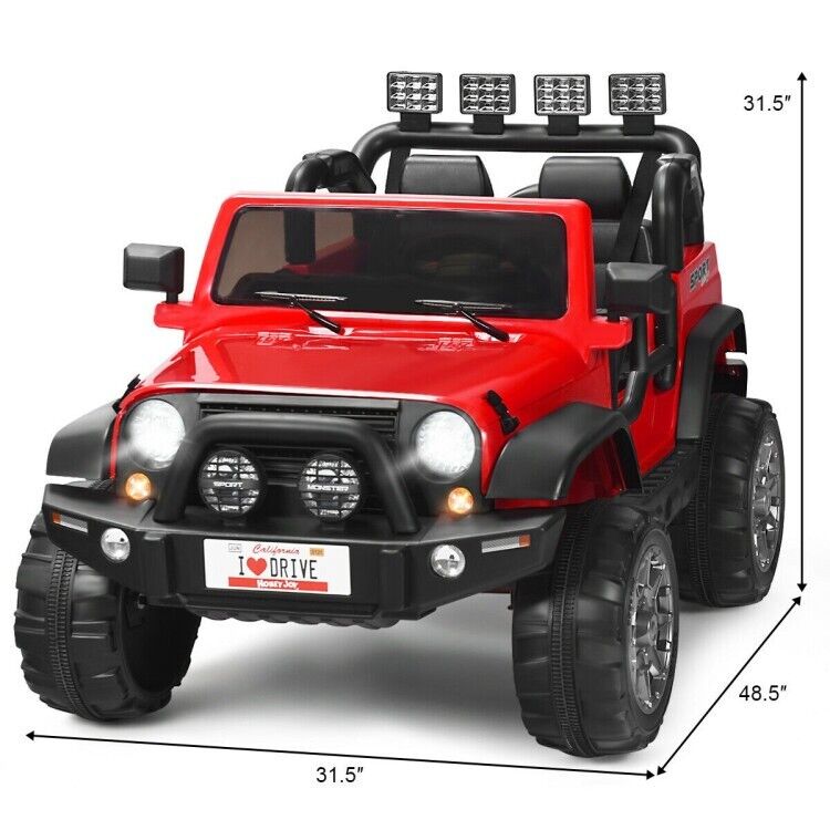 Load image into Gallery viewer, Red 2-Seater Ride-On Car Truck with Remote Control, LED Lights, and Storage Room - 12V

