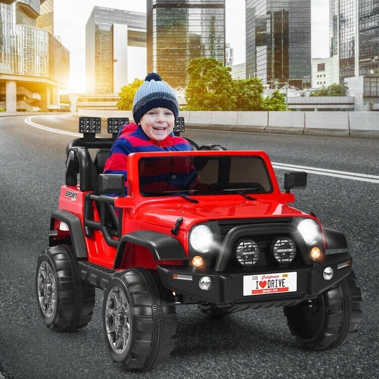 Load image into Gallery viewer, Red 2-Seater Ride-On Car Truck with Remote Control, LED Lights, and Storage Room - 12V
