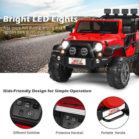 Red 2-Seater Ride-On Car Truck with Remote Control, LED Lights, and Storage Room - 12V