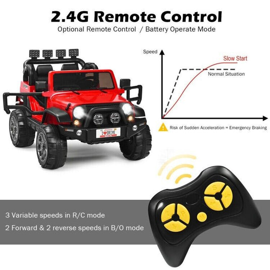 Red 2-Seater Ride-On Car Truck with Remote Control, LED Lights, and Storage Room - 12V