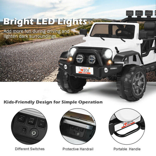 Red 2-Seater Ride on Car Truck with Remote Control, LED Lights, Storage, and USB Port for Kids