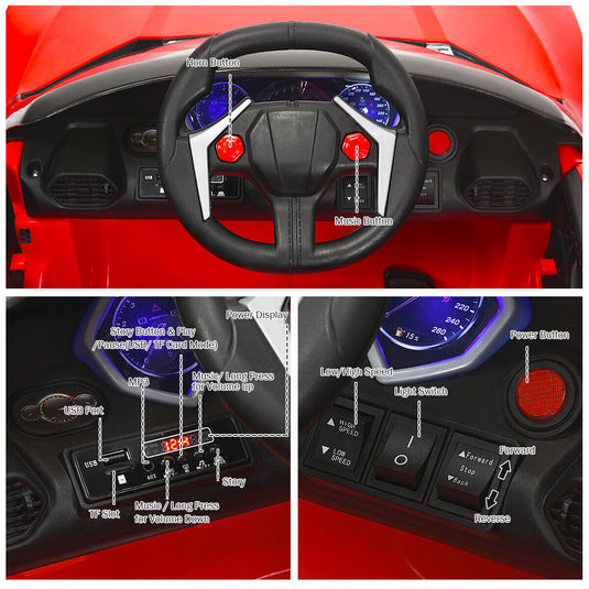 Red 2.4G RC Electric Ride-On Car for Kids with MP3, Lights, and Openable Doors