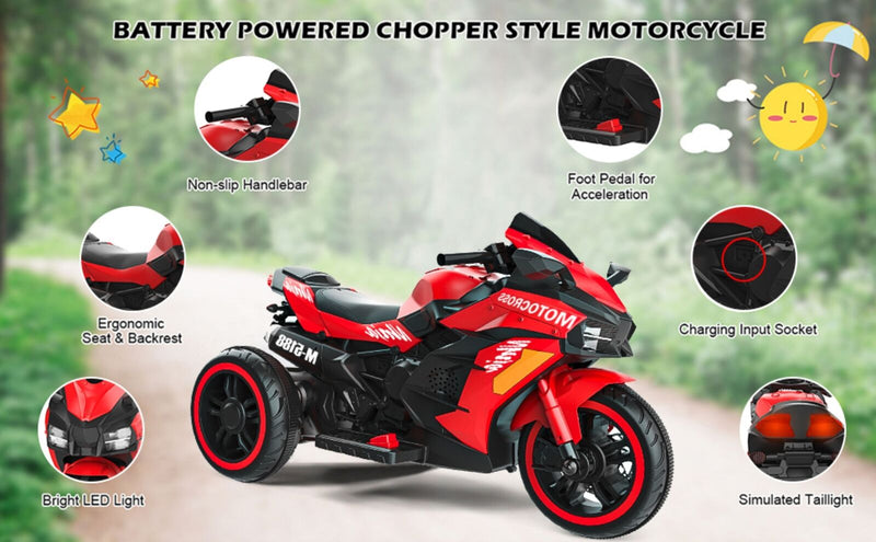 Load image into Gallery viewer, Red 3-Wheel Electric Motorcycle for Kids with Rechargeable 12V Battery
