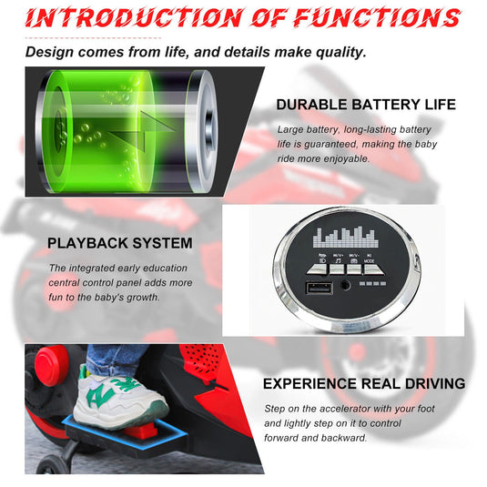 Red 3-Wheel Electric Motorcycle for Kids with Rechargeable 12V Battery