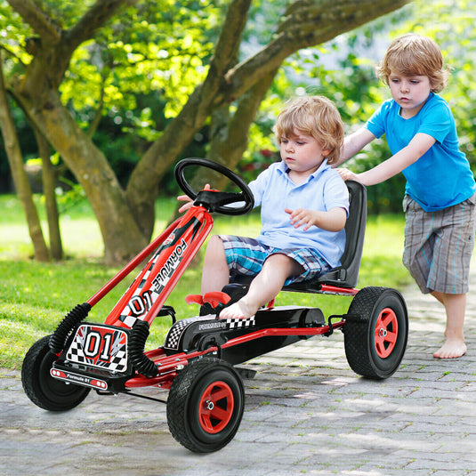 Red 4-Wheel Pedal Go Kart for Kids with Adjustable Seat - Honeyjoy Ride On Toy