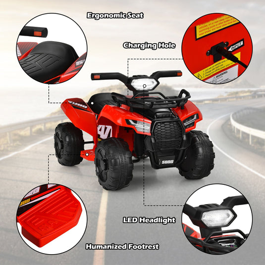 Red 6V Quad Ride-On Car for Kids with Music, Horn, and LED Lights