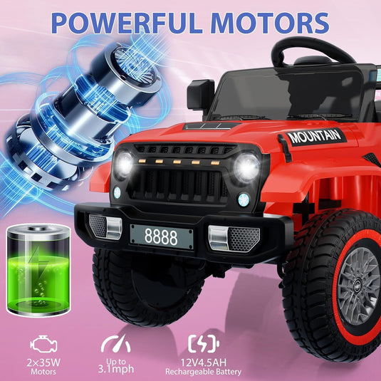 Red Electric 12V Battery Kids Ride On Jeep with Remote Control and Music - 3 Speed Options