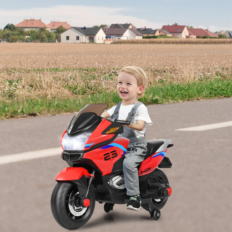 Load image into Gallery viewer, Red Electric Motor Bike for Kids with Training Wheels and Lights - 12V Ride On Motorcycle
