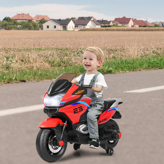 Red Electric Motor Bike for Kids with Training Wheels and Lights - 12V Ride On Motorcycle
