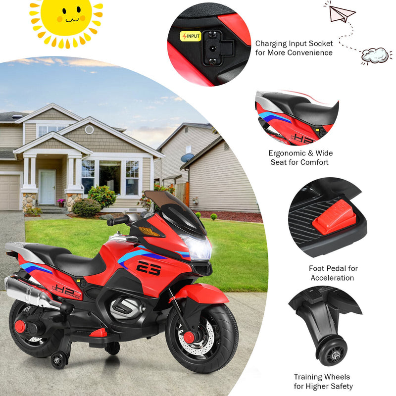 Load image into Gallery viewer, Red Electric Motor Bike for Kids with Training Wheels and Lights - 12V Ride On Motorcycle
