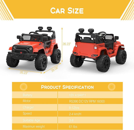 Red Electric Ride-On Car with Remote Control for Kids - 12V, LED Lights, MP3 Player, 1 Seat