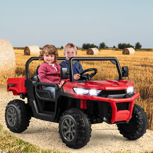 Red Ride-On Dump Truck with Dump Bed, Safety Belt, and Lockable Doors - 12V