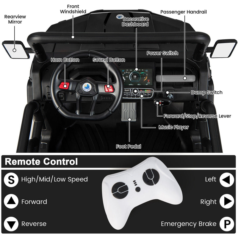 Load image into Gallery viewer, Remote Control Dump Truck with LED Headlights and Rear View Mirrors - 12V Ride-On Toy
