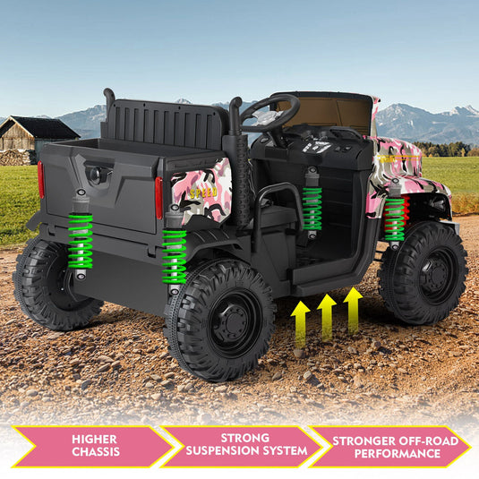 Camo Pink Ride-On Tractor with Trailer, Dump Bed, RC Control, and Bluetooth - 3 Speed Options
