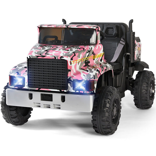 Camo Pink Ride-On Tractor with Trailer, Dump Bed, RC Control, and Bluetooth - 3 Speed Options