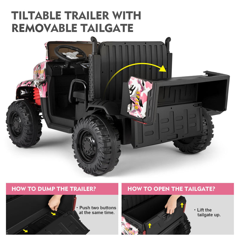 Load image into Gallery viewer, Camo Pink Ride-On Tractor with Trailer, Dump Bed, Bluetooth, and Remote Control - 3 Speed Options
