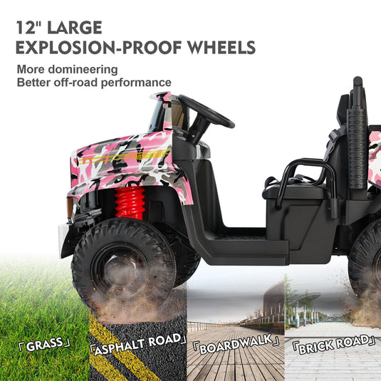 Camo Pink Ride-On Tractor with Trailer, Dump Bed, Bluetooth, and Remote Control - 3 Speed Options