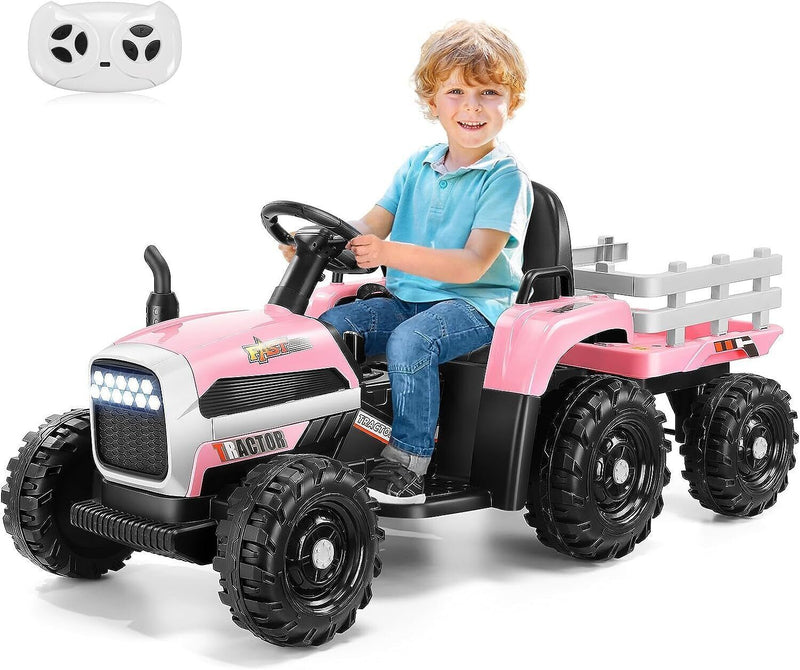 Load image into Gallery viewer, Remote Control Electric Tractor Car with Trailer for Kids - 12V Ride-On Toy
