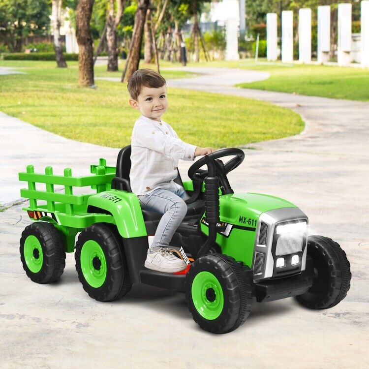 Load image into Gallery viewer, Remote Control Ride-On Tractor with Trailer and Lights for Kids - 12V Ground Loader
