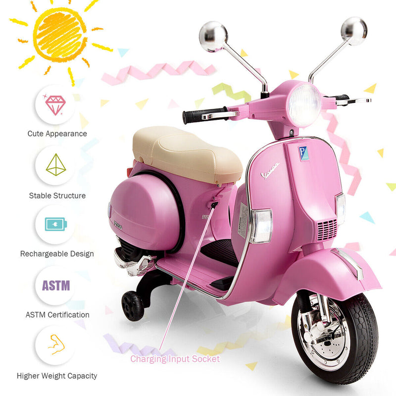 Load image into Gallery viewer, Ride in Style: Pink 6V Kids Vespa Scooter with Training Wheel and Headlight
