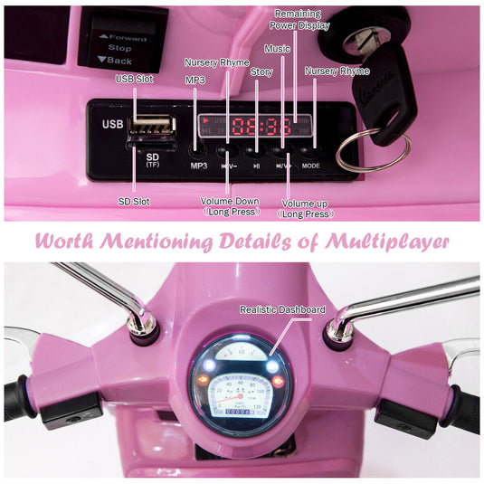 Ride in Style: Pink 6V Kids Vespa Scooter with Training Wheel and Headlight