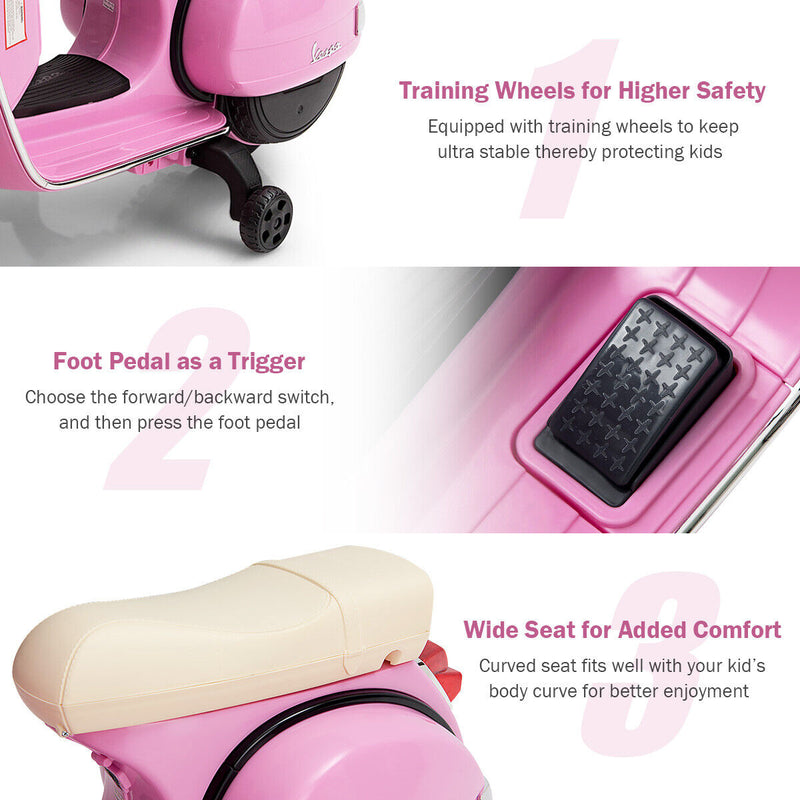 Load image into Gallery viewer, Ride in Style: Pink 6V Kids Vespa Scooter with Training Wheel and Headlight
