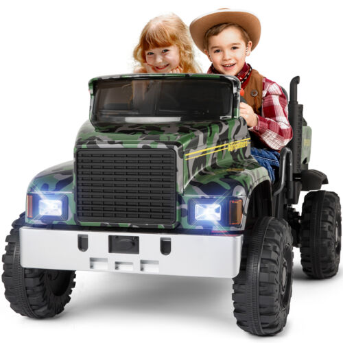 Ride in Style with the 24V Battery-Powered Camo Truck Tractor for Kids, Featuring Bluetooth RC and Trailer