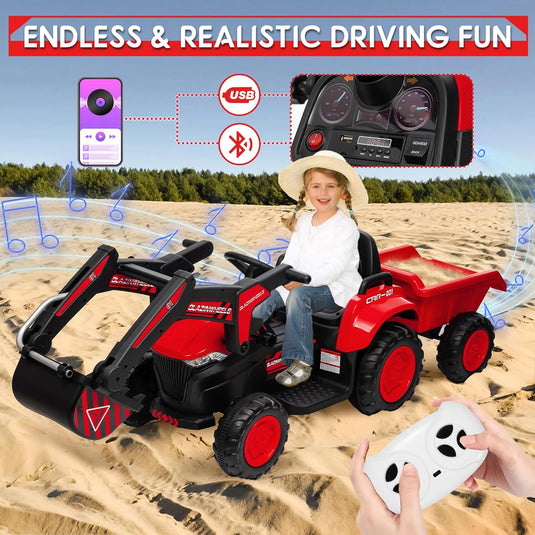 12V Electric Ride-On Excavator with Detachable Trailer and Remote Control