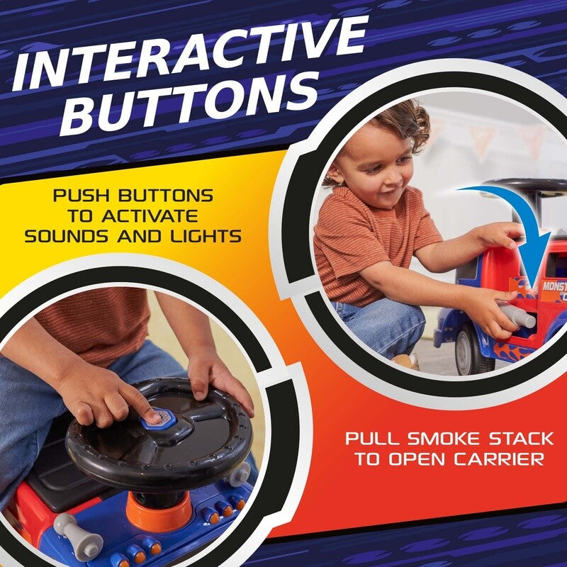 Load image into Gallery viewer, Interactive Monster Truck Ride-On Toy Carrier for Kids Ages 1-3, Supports up to 44 lbs, Unisex
