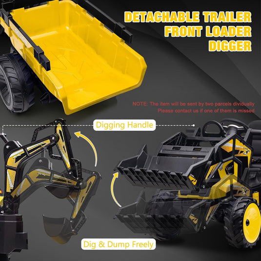 24V Electric Ride-On Tractor with Excavator, Trailer, and Digger Attachments