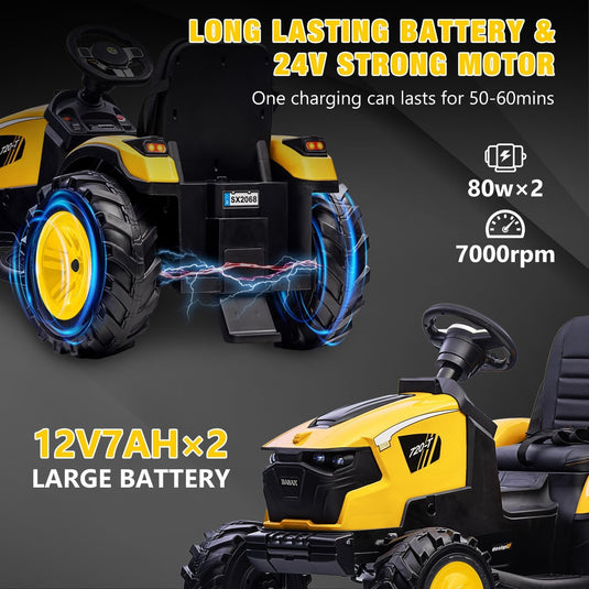 24V Electric Ride-On Tractor with Excavator, Trailer, and Digger Attachments