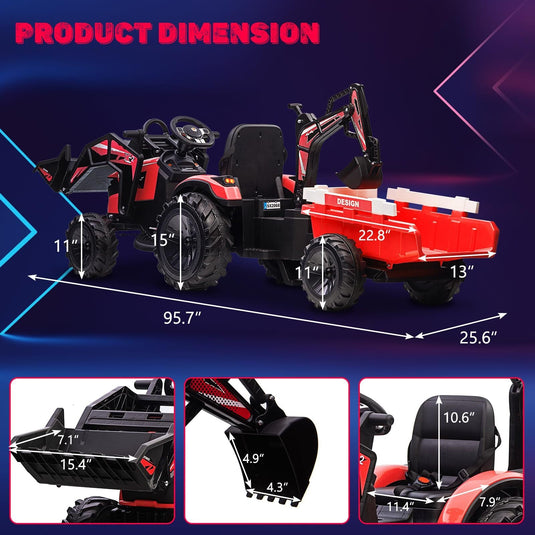 24V Electric Ride-On Tractor for Kids with Trailer, Excavator and Bulldozer Attachments