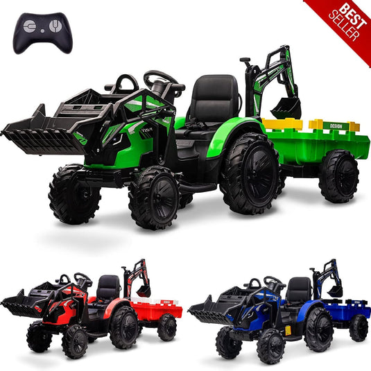 24V Electric Ride-On Tractor for Kids with Trailer, Excavator and Bulldozer Attachments