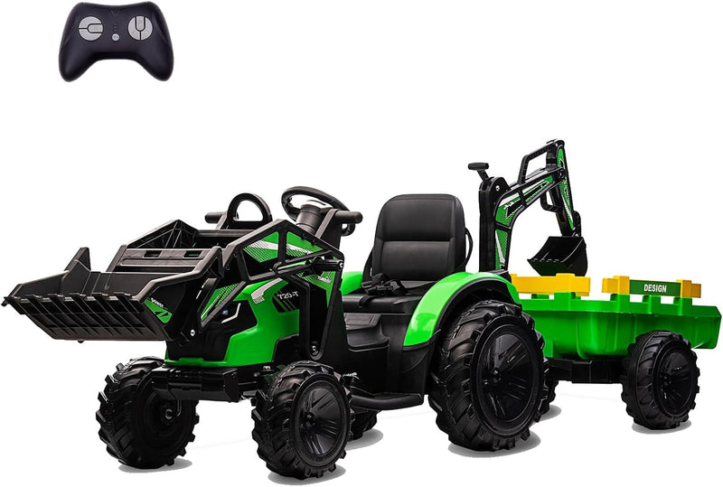 Load image into Gallery viewer, 24V Electric Ride-On Tractor for Kids with Trailer, Excavator, and Bulldozer Attachments
