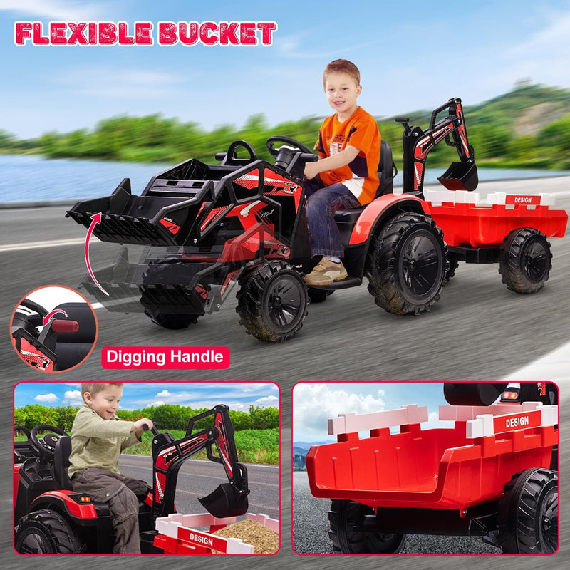 Load image into Gallery viewer, 24V Electric Ride-On Tractor for Kids with Trailer, Excavator, and Bulldozer Attachments
