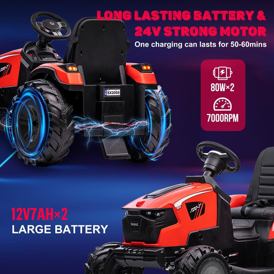 24V Electric Ride-On Tractor for Kids with Trailer, Excavator, and Bulldozer Attachments