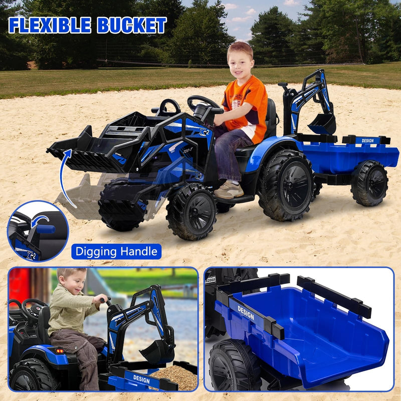 Load image into Gallery viewer, 24V Electric Ride-On Tractor for Kids with Trailer, Excavator, and Bulldozer Attachments
