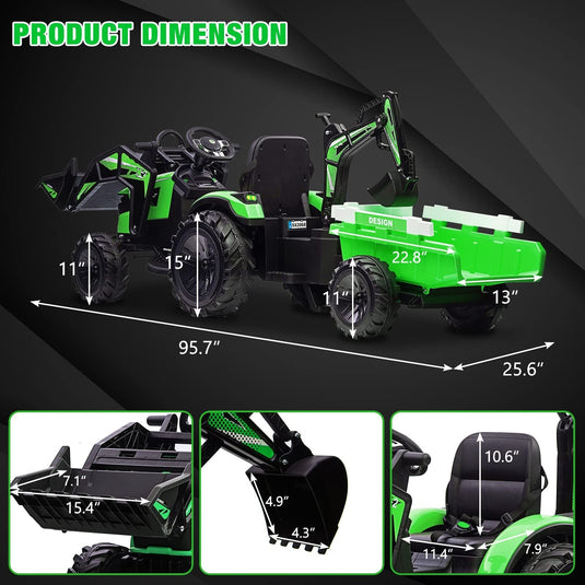 24V Electric Ride-On Tractor for Kids with Trailer, Excavator, and Bulldozer Attachments