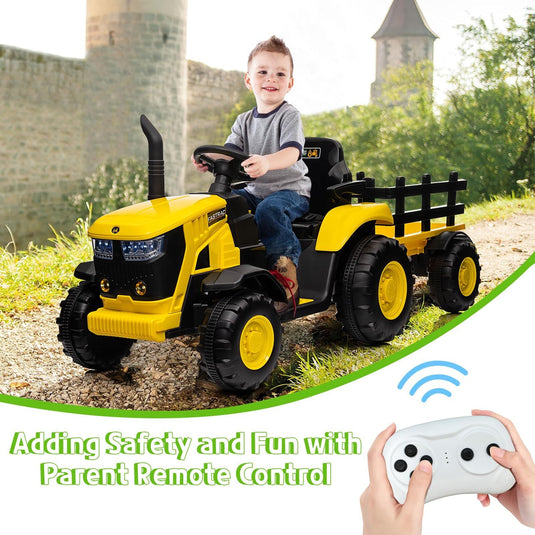 12V Electric Ride-On Tractor with Trailer for Kids, Battery Powered Vehicle