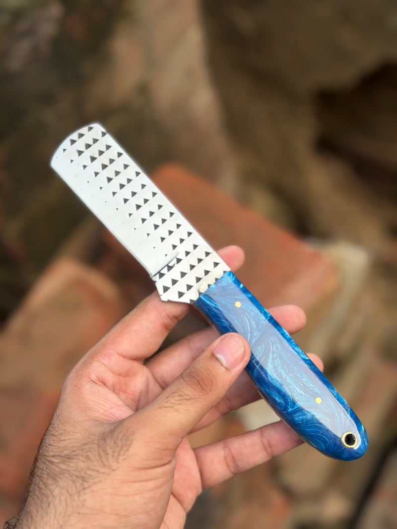 Load image into Gallery viewer, Handmade Farrier Bull Rasp Knife 8" with blue and white swirl resin handle
