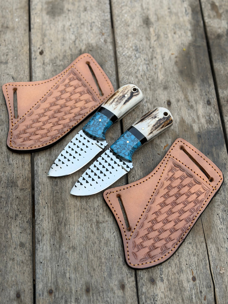 Load image into Gallery viewer, Handmade Turquoise Antler Skinner Duo set of 2 with natural stag antler handles
