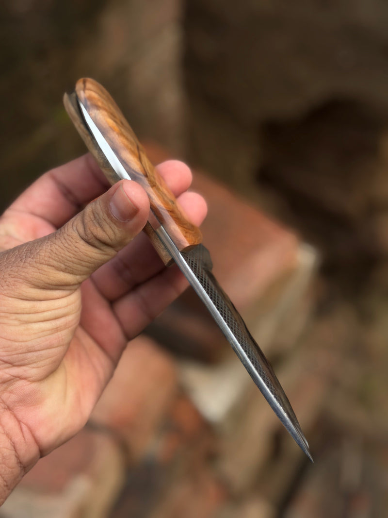 Load image into Gallery viewer, Handmade Sandbar Rasp Knife 7" with light wood rounded ergonomic handle
