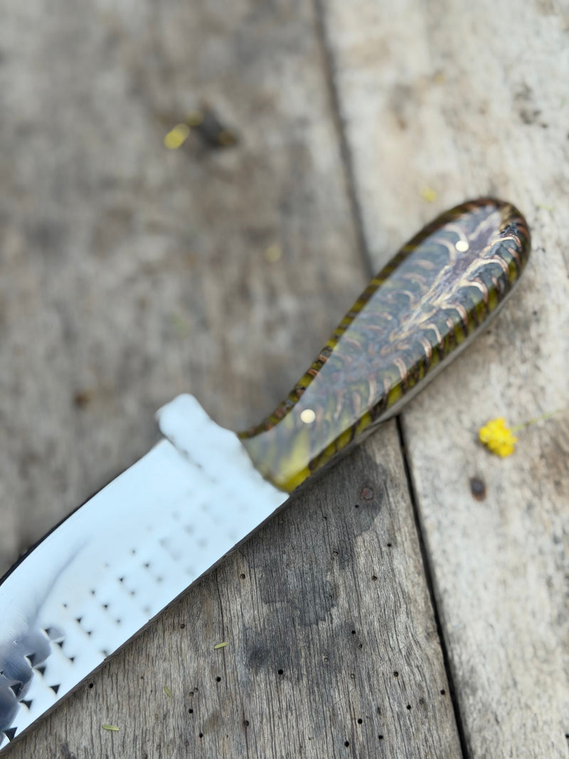 Load image into Gallery viewer, Handmade Amber Wave Skinner Knife 8" with carved amber and resin handle
